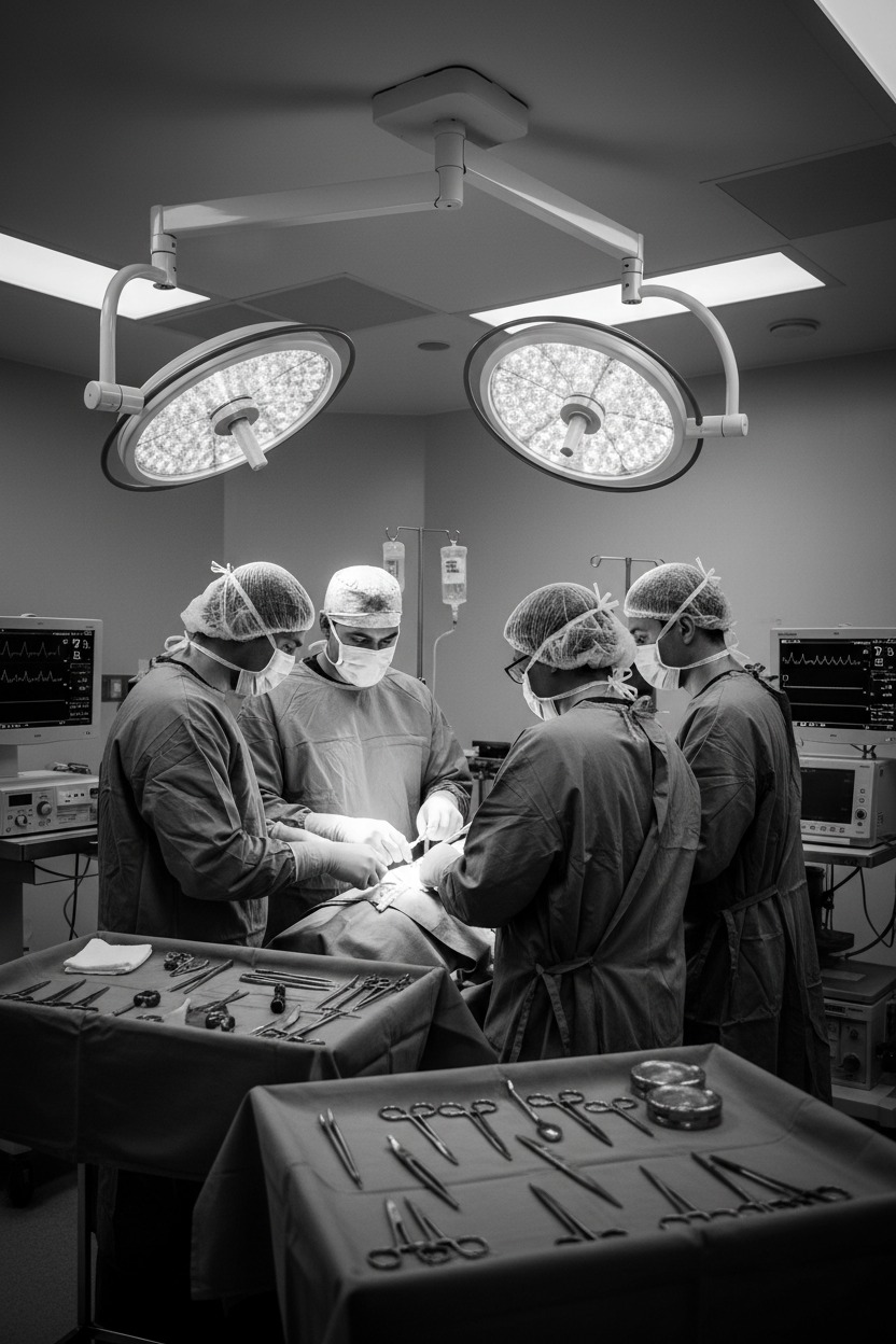 A team of four surgeons in scrubs and caps perform an operation under bright overhead lights, with surgical tools laid out on tables in the foreground.
